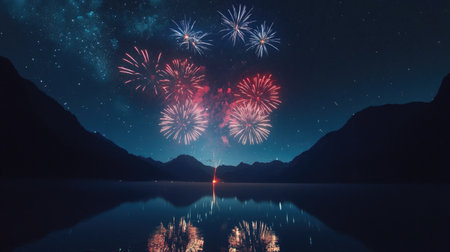 Fireworks in the night sky above a mountain lake, celebrating the night with ample space for textの素材