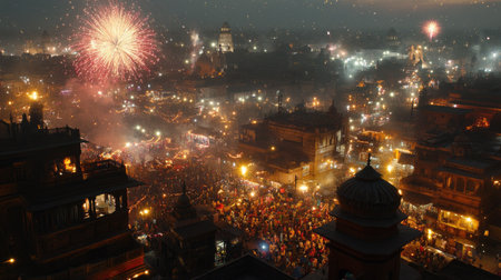 Fireworks light up a bustling South Asian city, celebrating with copy space for festive messagingの素材