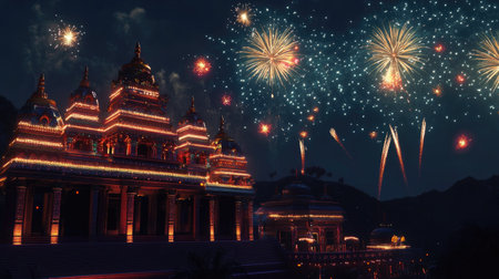 Fireworks light up the night sky over a South Asian temple, celebrating with space for textの素材