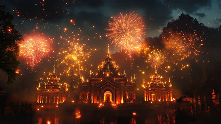 Fireworks light up the night sky over a South Asian temple, celebrating with space for textの素材