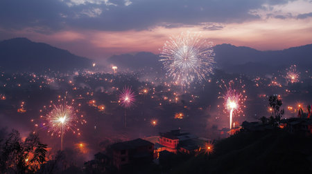 Fireworks light up the night sky over a South Asian countryside, celebrating with room for festive textの素材