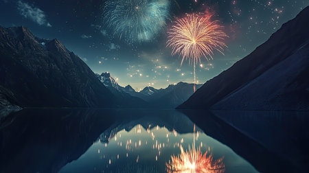 Fireworks reflect on a South Asian mountain lake, celebrating a festival night with copy spaceの素材