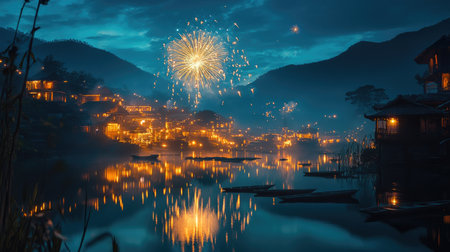 Fireworks reflect on a South Asian village lake, celebrating the night with copy spaceの素材