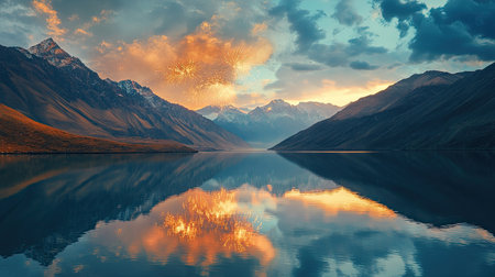 Fireworks reflect on a South Asian mountain lake, no people, with ample room for festive textの素材