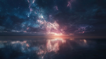 Fireworks reflect off a calm ocean under a starry sky, celebration with copy spaceの素材