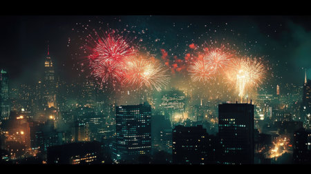 Glorious fireworks display over a quiet city, celebrating the night with ample copy spaceの素材