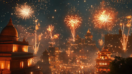 Fireworks over a South Asian temple complex, celebrating a festival with copy space for messagesの素材