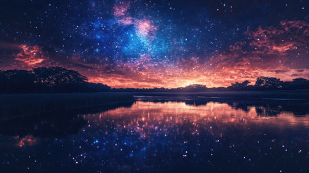 Fireworks reflecting on a river under a starry sky. No people, with room for textの素材