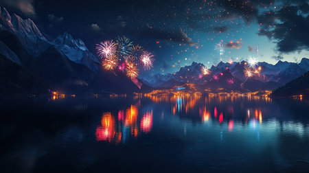 Fireworks reflect on a South Asian mountain lake, celebrating with vibrant colors and space for textの素材