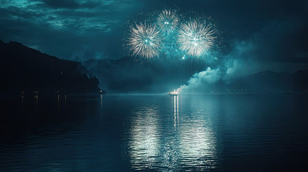 Fireworks reflecting on the water in a peaceful bay, celebration concept with space for copyの素材