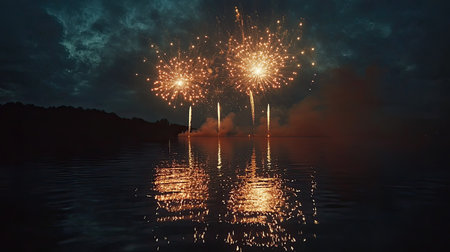 Fireworks reflecting on a calm lake, celebrating the night with room for festive textの素材