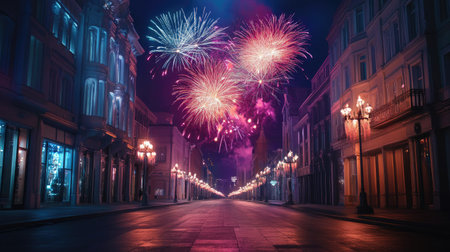 Glorious fireworks burst in the sky over an empty street, celebrating with copy spaceの素材