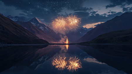 Fireworks reflect on a South Asian mountain lake, no people, with ample room for festive textの素材