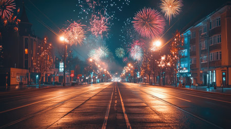Glorious fireworks light up the sky over an empty street, perfect for a celebration concept with copy spaceの素材