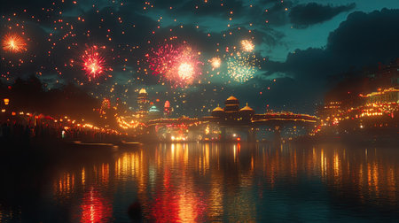 Fireworks reflect on a South Asian river during a festival, no people, with space for textの素材