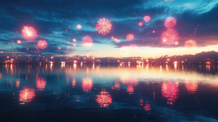 Fireworks reflecting on the water in a peaceful bay, celebration concept with space for copyの素材