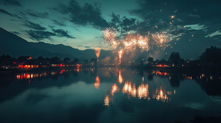 Fireworks reflect on a South Asian village lake, celebrating the night with copy spaceの素材