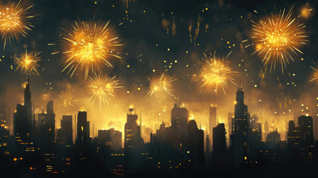 Golden fireworks burst over a dark city skyline, celebrating with ample copy spaceの素材