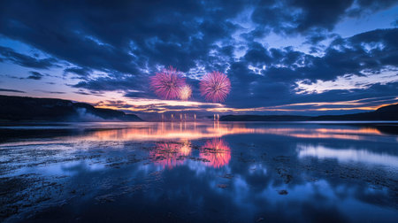 Fireworks reflecting on a quiet bay, celebrating the night with ample space for textの素材