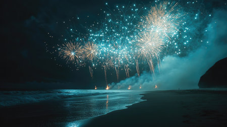Glorious fireworks burst in the sky over an empty beach, celebrating the night with copy spaceの素材