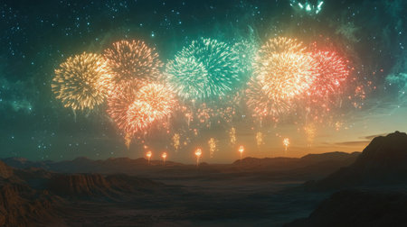 Multicolored fireworks light up the sky over a vast desert landscape. No people, with space for textの素材
