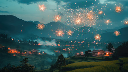 Fireworks light up the sky over a South Asian countryside, celebrating with copy space for festive messagesの素材