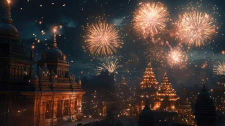 Fireworks over a South Asian temple complex, celebrating a festival with copy space for messagesの素材