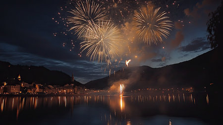 Fireworks light up the night sky above a quiet town, celebrating with ample space for textの素材