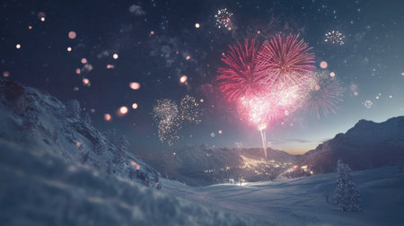 Fireworks over a snowy landscape, lighting up the night sky. No people, room for textの素材