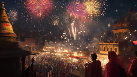 Fireworks over a traditional South Asian market, celebrating the night with room for textの素材