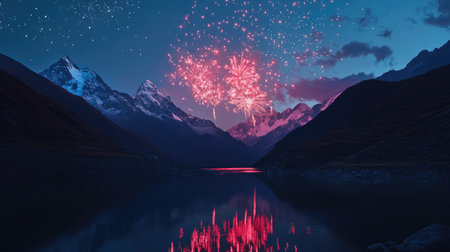 Fireworks reflect on a South Asian mountain lake, celebrating with vibrant colors and space for textの素材