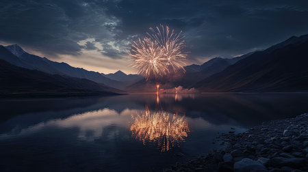 Fireworks reflect on a South Asian mountain lake, no people, with ample room for festive textの素材