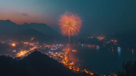 Glorious fireworks above a South Asian landscape, celebrating with vibrant colors and copy spaceの素材