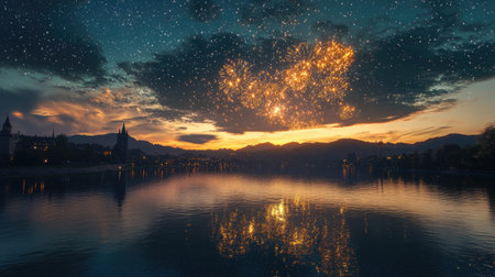 Fireworks reflecting on a calm river, celebrating the night with space for textの素材