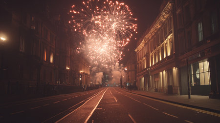 Glorious fireworks burst in the sky over an empty street, celebrating with copy spaceの素材