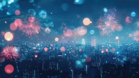 Glorious fireworks display over a quiet city, celebrating the night with ample copy spaceの素材