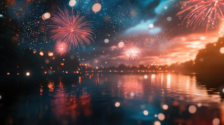 Fireworks reflect on a South Asian river, celebrating a festival with ample space for textの素材