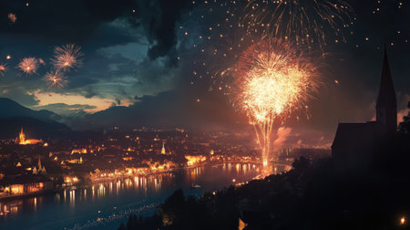 Glorious fireworks display over a quiet village, celebrating the night with copy spaceの素材