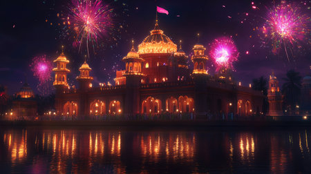 Fireworks light up a South Asian temple at night, celebrating with bright colors and copy spaceの素材