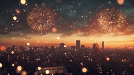 Golden fireworks in the sky above a tranquil cityscape, celebrating with copy spaceの素材