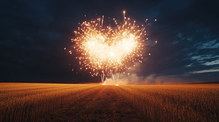 Fireworks light up the night sky above an empty field, celebrating with ample space for copyの素材