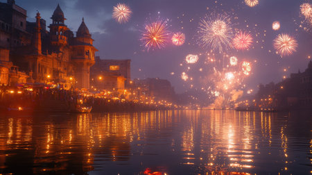 Fireworks reflect on a South Asian river during a festival, no people, with space for textの素材