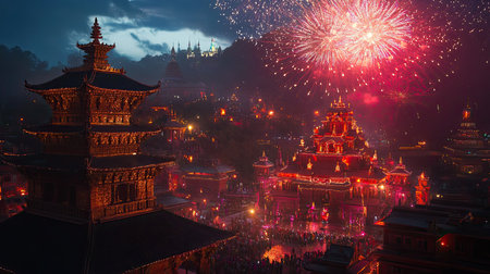 Fireworks light up a South Asian temple at night, celebrating with bright colors and copy spaceの素材