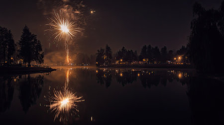 Fireworks reflect on a serene South Asian lake, celebrating a festival night with copy spaceの素材