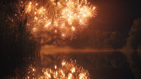 Fireworks reflecting on a calm river, celebrating the night with space for textの素材