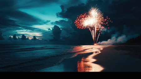 Fireworks over an empty beach, celebrating the night with bright colors. Copy space available for textの素材