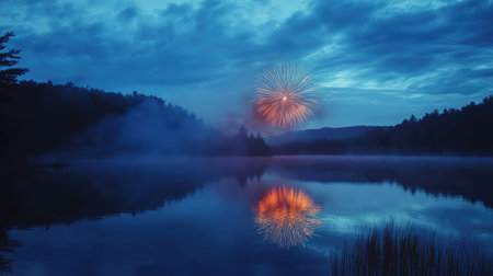 Fireworks reflecting on a calm lake, celebrating the night with room for festive textの素材