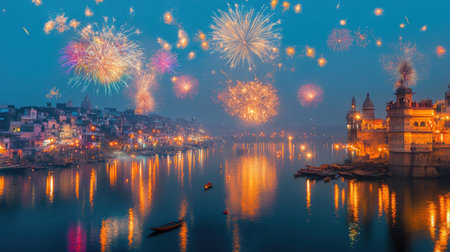 Fireworks reflect on a South Asian coastal town, celebration concept with room for copyの素材