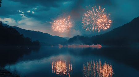 Fireworks reflect on a South Asian mountain lake, celebrating a festival night with copy spaceの素材