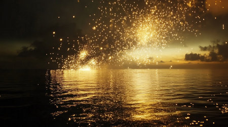 Golden fireworks explode over a dark, calm sea. A moment of celebration with copy spaceの素材